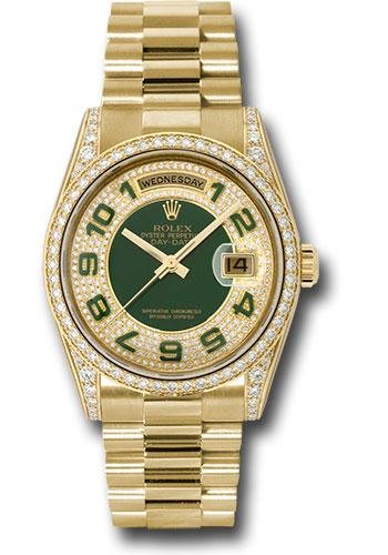 Rolex Yellow Gold Day-Date 36 Watch – Bezel – Pave Edge Green Dial – President Bracelet – 118388