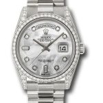 Rolex White Gold Day-Date 36 Watch – Bezel – Mother-Of-Pearl Diamond Dial – President Bracelet – 118389