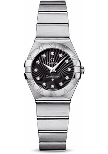 Omega Ladies Constellation Quartz Watch – 24 mm Brushed Steel Case – Black Diamond Dial – 123.10.24.60.51.001