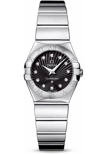 Omega Ladies Constellation Polished Quartz Watch – 24 mm Polished Steel Case – Black Diamond Dial – Steel Bracelet – 123.10.24.60.51.002