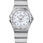 Omega Ladies Constellation Quartz Watch – 24 mm Brushed Steel Case – Mother-Of-Pearl Diamond Dial – 123.10.24.60.55.001