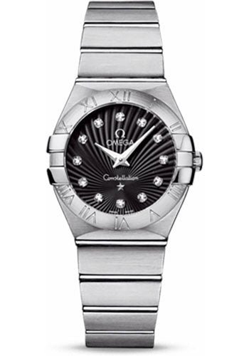Omega Ladies Constellation Quartz Watch – 27 mm Brushed Steel Case – Black Dial – 123.10.27.60.51.001