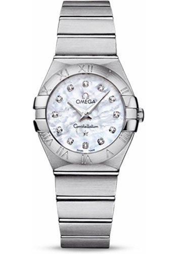 Omega Ladies Constellation Quartz Watch – 27 mm Brushed Steel Case – Mother-Of-Pearl Diamond Dial – 123.10.27.60.55.001