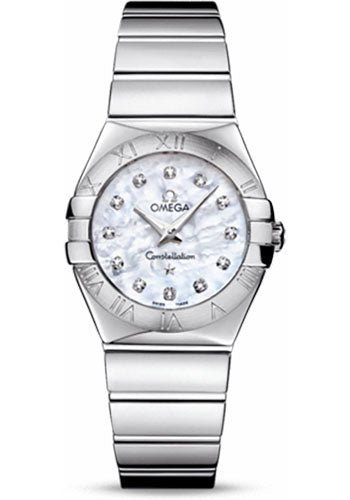 Omega Ladies Constellation Polished Quartz Watch – 27 mm Polished Steel Case – Mother-Of-Pearl Diamond Dial – Steel Bracelet – 123.10.27.60.55.002
