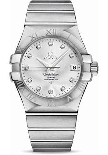 Omega Gents Constellation Chronometer Watch – 35 mm Brushed Steel Case – Silver Diamond Dial – 123.10.35.20.52.001