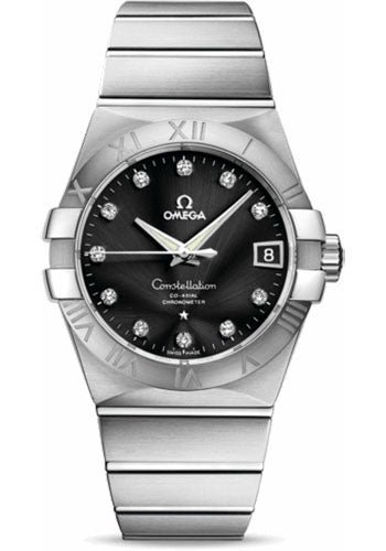 Omega Gents Constellation Chronometer Watch – 38 mm Brushed Steel Case – Black Diamond Dial – 123.10.38.21.51.001