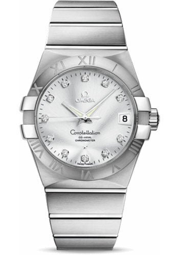 Omega Gents Constellation Chronometer Watch – 38 mm Brushed Steel Case – Silver Diamond Dial – 123.10.38.21.52.001