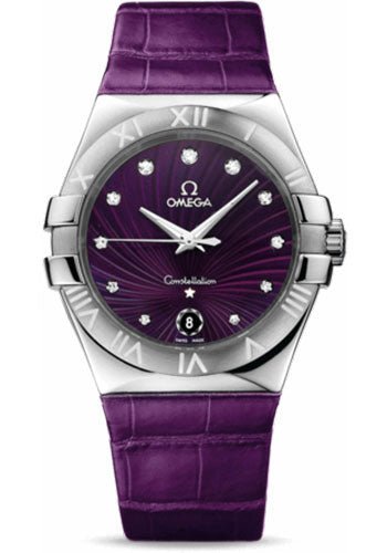 Omega Ladies Constellation Quartz Watch – 35 mm Brushed Steel Case – Purple Diamond Dial – Purple Leather Strap – 123.13.35.60.60.001
