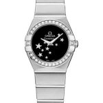 Omega Ladies Constellation Quartz Watch – 24 mm Brushed Steel Case – Diamond Bezel – Black Dial – 123.15.24.60.01.001