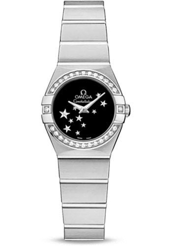 Omega Ladies Constellation Quartz Watch – 24 mm Brushed Steel Case – Diamond Bezel – Black Dial – 123.15.24.60.01.001