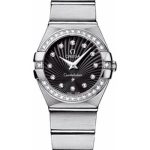 Omega Ladies Constellation Quartz Watch – 24 mm Brushed Steel Case – Diamond Bezel – Black Diamond Dial – 123.15.24.60.51.001