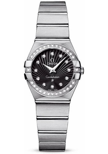 Omega Ladies Constellation Quartz Watch – 24 mm Brushed Steel Case – Diamond Bezel – Black Diamond Dial – 123.15.24.60.51.001