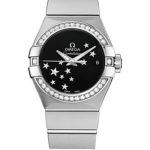 Omega Ladies Constellation Chronometer Watch – 27 mm Brushed Steel Case – Diamond Bezel – Black Dial – 123.15.27.20.01.001