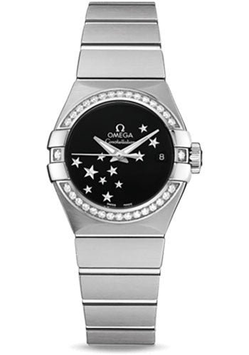 Omega Ladies Constellation Chronometer Watch – 27 mm Brushed Steel Case – Diamond Bezel – Black Dial – 123.15.27.20.01.001