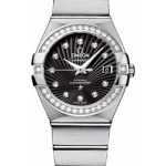 Omega Ladies Constellation Chronometer Watch – 27 mm Brushed Steel Case – Diamond Bezel – Black Supernova Diamond Dial – 123.15.27.20.51.001