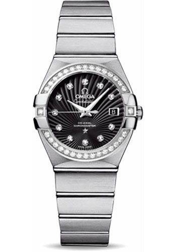 Omega Ladies Constellation Chronometer Watch – 27 mm Brushed Steel Case – Diamond Bezel – Black Supernova Diamond Dial – 123.15.27.20.51.001