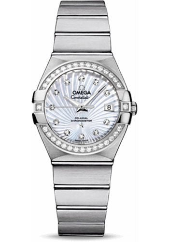 Omega Ladies Constellation Chronometer Watch – 27 mm Brushed Steel Case – Diamond Bezel – Mother-Of-Pearl Supernova Diamond Dial – 123.15.27.20.55.001