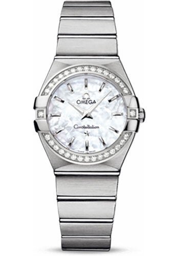 Omega Ladies Constellation Quartz Watch – 27 mm Brushed Steel Case – Diamond Bezel – Mother-Of-Pearl Dial – 123.15.27.60.05.001