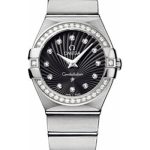 Omega Ladies Constellation Quartz Watch – 27 mm Brushed Steel Case – Diamond Bezel – Black Diamond Dial – 123.15.27.60.51.001