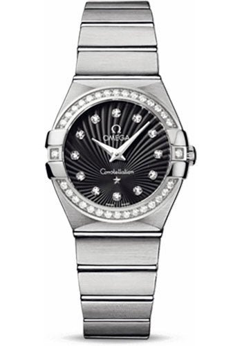 Omega Ladies Constellation Quartz Watch – 27 mm Brushed Steel Case – Diamond Bezel – Black Diamond Dial – 123.15.27.60.51.001