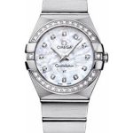 Omega Ladies Constellation Quartz Watch – 27 mm Brushed Steel Case – Diamond Bezel – Mother-Of-Pearl Diamond Dial – 123.15.27.60.55.001