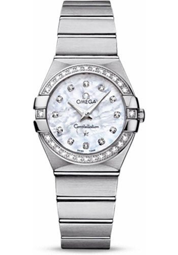Omega Ladies Constellation Quartz Watch – 27 mm Brushed Steel Case – Diamond Bezel – Mother-Of-Pearl Diamond Dial – 123.15.27.60.55.001