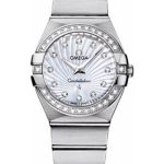 Omega Ladies Constellation Quartz Watch – 27 mm Brushed Steel Case – Diamond Bezel – Mother-Of-Pearl Diamond Dial – 123.15.27.60.55.002