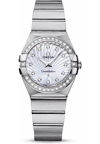 Omega Ladies Constellation Quartz Watch – 27 mm Brushed Steel Case – Diamond Bezel – Mother-Of-Pearl Diamond Dial – 123.15.27.60.55.002