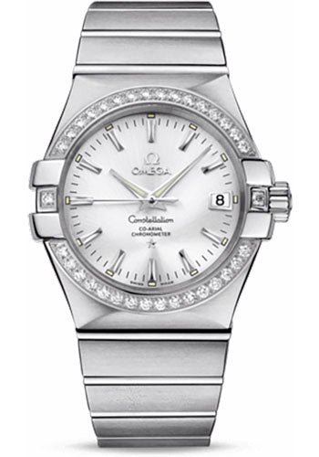 Omega Gents Constellation Chronometer Watch – 35 mm Brushed Steel Case – Diamond Bezel – Silver Dial – 123.15.35.20.02.001