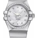 Omega Gents Constellation Chronometer Watch – 35 mm Brushed Steel Case – Diamond Bezel – Silver Diamond Dial – 123.15.35.20.52.001