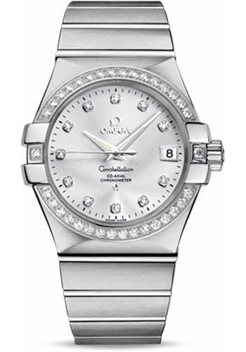 Omega Gents Constellation Chronometer Watch – 35 mm Brushed Steel Case – Diamond Bezel – Silver Diamond Dial – 123.15.35.20.52.001