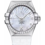 Omega Ladies Constellation Chronometer Watch – 35 mm Brushed Steel Case – Diamond Bezel – Mother-Of-Pearl Supernova Diamond Dial – White Leather Strap – 123.18.35.20.55.001