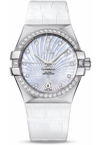 Omega Ladies Constellation Chronometer Watch – 35 mm Brushed Steel Case – Diamond Bezel – Mother-Of-Pearl Supernova Diamond Dial – White Leather Strap – 123.18.35.20.55.001