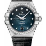 Omega Ladies Constellation Chronometer Watch – 35 mm Brushed Steel Case – Diamond Bezel – Blue Diamond Dial – Black Leather Strap – 123.18.35.20.56.001