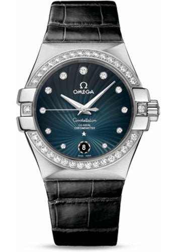 Omega Ladies Constellation Chronometer Watch – 35 mm Brushed Steel Case – Diamond Bezel – Blue Diamond Dial – Black Leather Strap – 123.18.35.20.56.001