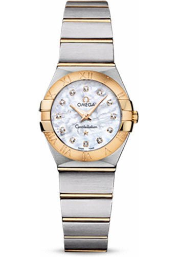 Omega Ladies Constellation Quartz Watch – 24 mm Brushed Steel And Yellow Gold Case – Mother-Of-Pearl Diamond Dial – 123.20.24.60.55.002