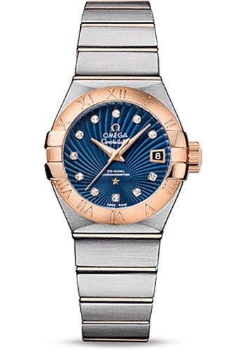 Omega Ladies Constellation Chronometer Watch – 27 mm Brushed Steel And Red Gold Case – Blue Supernova Diamond Dial – 123.20.27.20.53.001