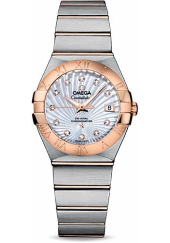 Omega Ladies Constellation Chronometer Watch – 27 mm Brushed Steel And Red Gold Case – Mother-Of-Pearl Supernova Diamond Dial – 123.20.27.20.55.001