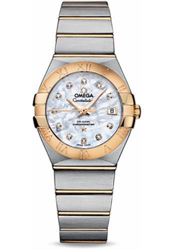 Omega Ladies Constellation Chronometer Watch – 27 mm Brushed Steel And Yellow Gold Case – Mother-Of-Pearl Diamond Dial – 123.20.27.20.55.003