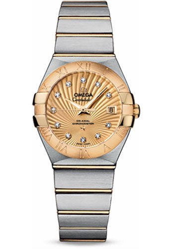 Omega Ladies Constellation Chronometer Watch – 27 mm Brushed Steel And Yellow Gold Case – Champagne Supernova Diamond Dial – 123.20.27.20.58.001