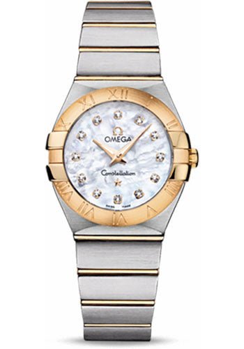Omega Ladies Constellation Quartz Watch – 27 mm Brushed Steel And Yellow Gold Case – Mother-Of-Pearl Diamond Dial – 123.20.27.60.55.002