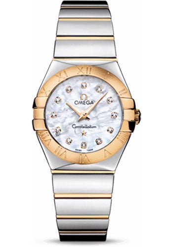 Omega Ladies Constellation Polished Quartz Watch – 27 mm Polished Steel And Yellow Gold Case – Mother-Of-Pearl Diamond Dial – Steel And Yellow Gold Bracelet – 123.20.27.60.55.004