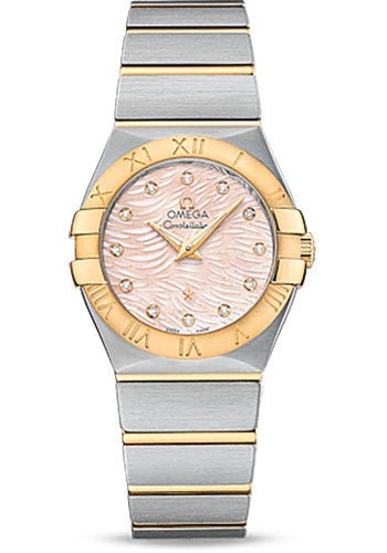 Omega Constellation Quartz Watch – 27 mm Steel Case – 18K Yellow Gold Bezel – Pink Mother-Of-Pearl Diamond Dial – 123.20.27.60.57.005