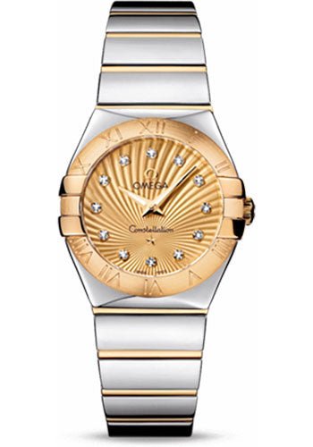 Omega Ladies Constellation Polished Quartz Watch – 27 mm Polished Steel And Yellow Gold Case – Champagne Diamond Dial – Steel And Yellow Gold Bracelet – 123.20.27.60.58.002