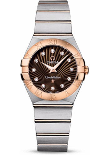 Omega Ladies Constellation Quartz Watch – 27 mm Brushed Steel And Red Gold Case – Brown Diamond Dial – 123.20.27.60.63.001
