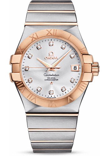 Omega Gents Constellation Chronometer Watch – 35 mm Brushed Steel And Red Gold Case – Silver Diamond Dial – 123.20.35.20.52.001