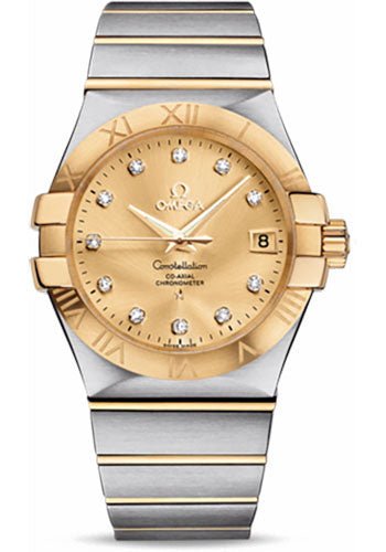 Omega Gents Constellation Chronometer Watch – 35 mm Brushed Steel And Yellow Gold Case – Champagne Diamond Dial – 123.20.35.20.58.001