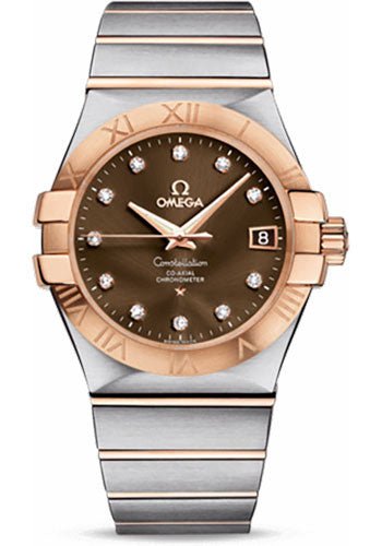 Omega Gents Constellation Chronometer Watch – 35 mm Brushed Steel And Red Gold Case – Brown Diamond Dial – 123.20.35.20.63.001