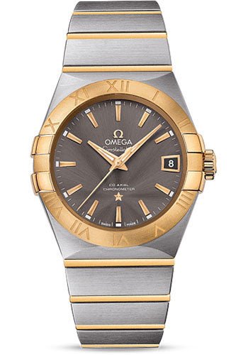 Omega Constellation Co-Axial Watch – 38 mm Steel Case – 18K Yellow Gold Bezel – Grey Dial – 123.20.38.21.06.001