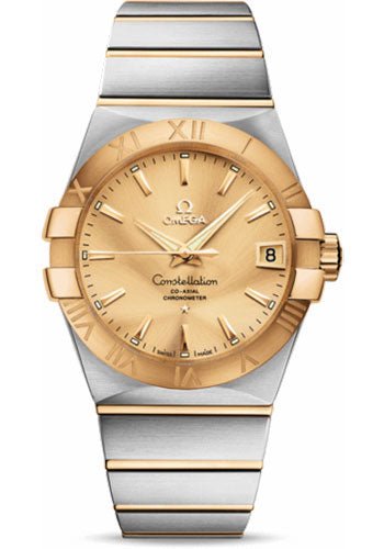 Omega Gents Constellation Chronometer Watch – 38 mm Brushed Steel And Yellow Gold Case – Champagne Dial – 123.20.38.21.08.001